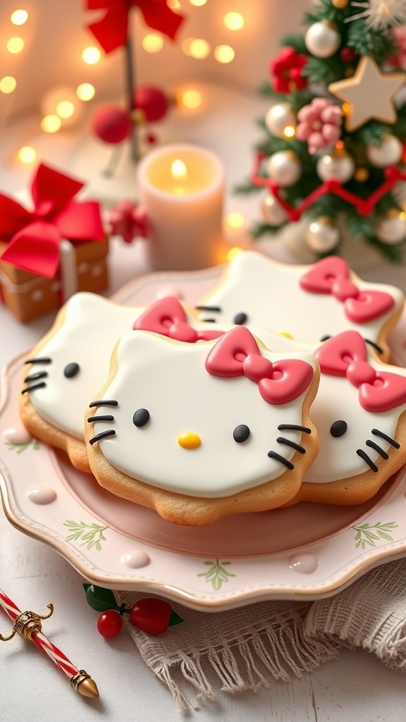 Christmas Hello Kitty Cookies Recipe A plate of Christmas Hello Kitty cookies decorated with royal icing and festive colors, surrounded by holiday decorations.